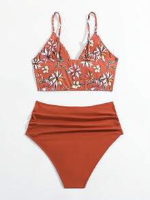 Bộ bikini mùa hè mới, đồ bơi 2 mảnh thời trang, kiểu dáng châu Âu & Mỹ với họa tiết hoa, dây chéo, cạp cao, đồ bơi gợi cảm, dây mảnh, thích hợp cho kỳ nghỉ biển, giữ ấm mùa xuân. - Màu Cam san hô - Xem 6