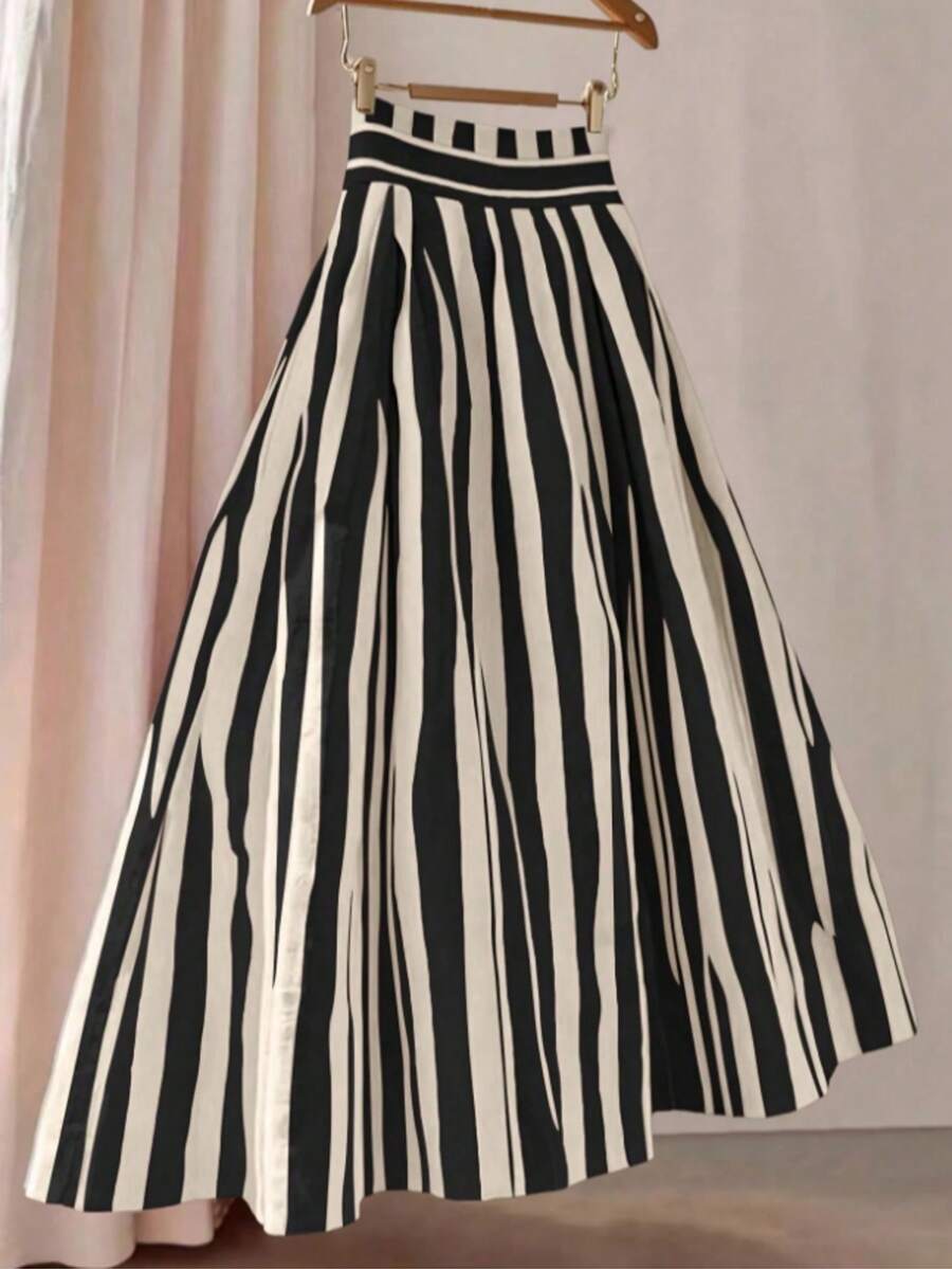 Chân váy kẻ sọc dáng rộng dành cho nữ, màu đen, thích hợp cho buổi hẹn hò hoặc buổi tối, mùa xuân. - màu đen - Xem 1