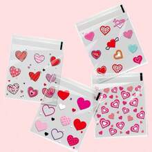 100/200/300pcs Valentine's Day Heart Pattern Gift Packaging Bags, Transparent Self-Adhesive Bags, Mixed Designs, Full Of Love And Romance, Suitable For Valentine's Day, Wedding, Birthday, Anniversary And Other Party Gifts