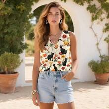 - playera sin mangas con cuello en V para mujer, estilo casual, sin mangas, ajuste holgado, blusa bsica de verano, para da festivo en la playa - G + Gato floral negro - Ver 4
