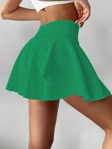 高腰白色网球裙裤，二合一防闪光高尔夫、羽毛球、健身短裙，带口袋，夏季运动裙裤，侧袋户外跑步运动新款女式裙裤 - 綠色 - 查看 3