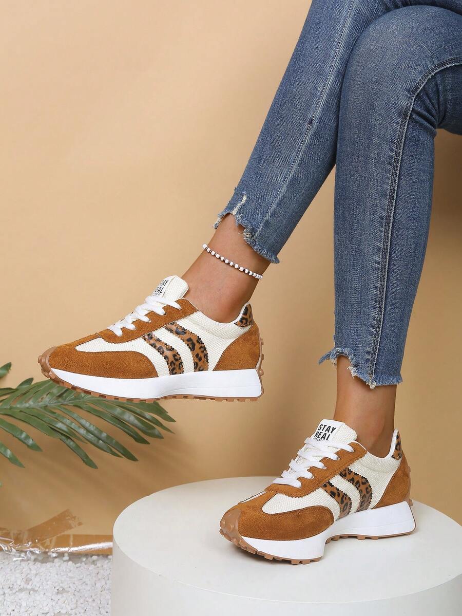 Women's Comfortable Lace-Up Sneakers - Lightweight Multifunctional Casual Shoes, Non-Slip Rubber Sole, Suitable For All Seasons - Leopard Print Rice - View 1