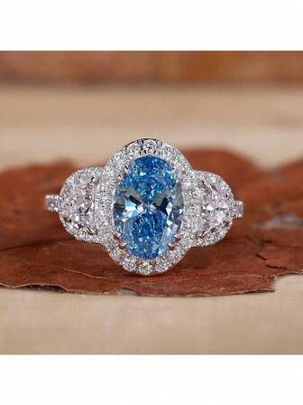 1 Piece Sterling Silver Oval Ring With Aqua Blue Edge & White Cubic Zirconia, Modern Minimalist Elegant Dainty Stackable Jewelry For Women, Hypoallergenic Gift For Valentine's Day, Anniversary, Birthday, Daily Wear