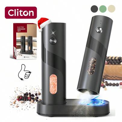 CLITON 2件套电动盐和胡椒研磨器套装 - 自动盐和胡椒研磨器套装，可充电 - 带LED灯的电子盐和胡椒瓶，电动胡椒研磨器和盐研磨器，单手操作，带充电底座和LED灯的自动研磨器