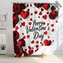 Cortina de chuveiro com estampa digital de coração, pétalas de rosa e carta para o Dia dos Namorados, resistente a mofo e à prova d'água, com 12 ganchos de plástico e ilhós de metal. Acessório de banheiro durável e resistente.