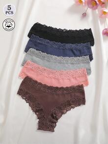 Bộ 5 quần lót ren sọc màu trơn thoáng khí gợi cảm cho nữ - Nhiều màu - Xem 5