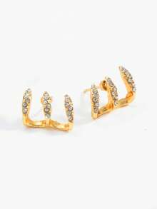 2pcs New Diamond Inlaid Minimalist Design Layered Curved Earrings For Women - Gold - View 2