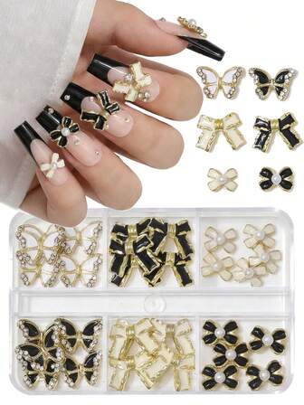 1 Box 30PCS Bow Nail Charms 3D Gold Nail Alloy Bow Butterfly 6 Styles Black And White Bow Butterfly Crystal Rhinestones Decoration For Women Girls Crafts DIY