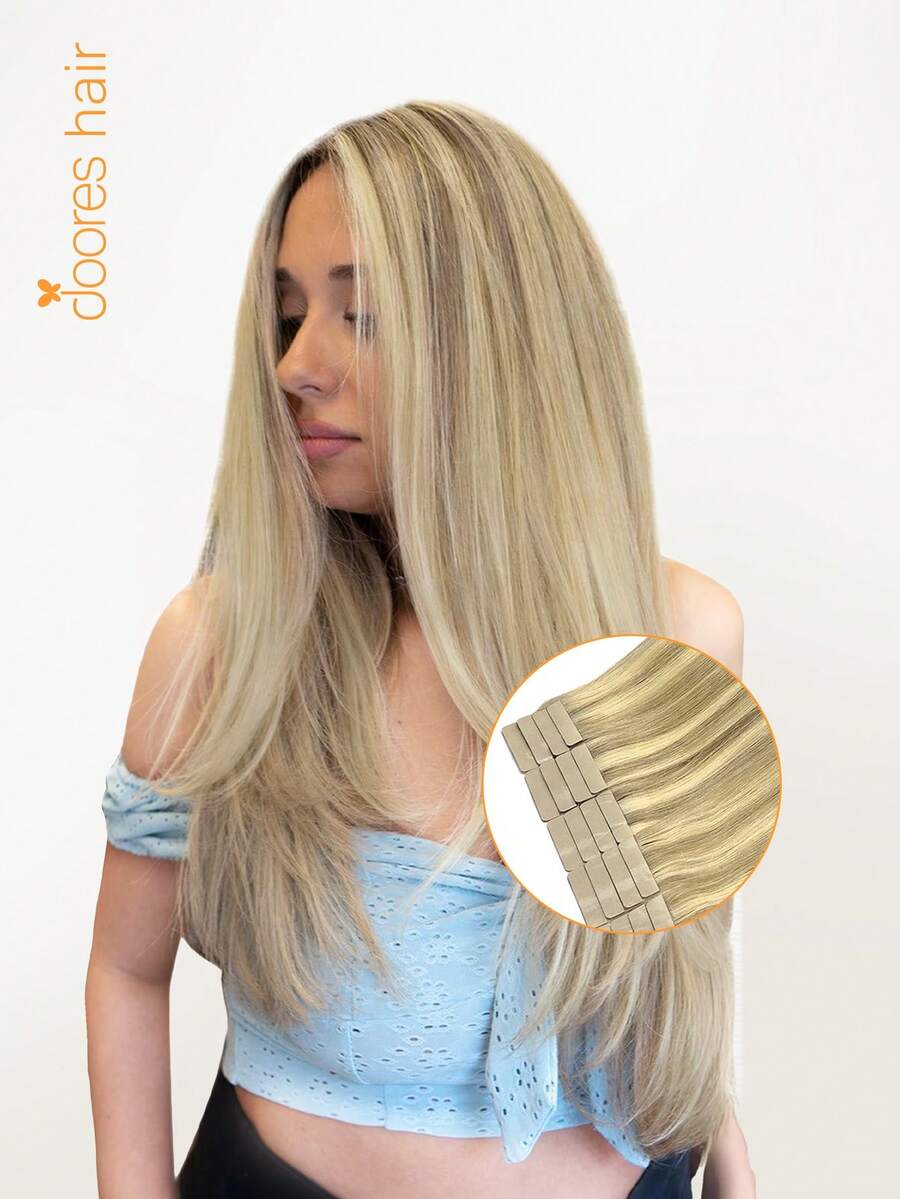 DOORES 50g 20pcs/Pack 100% Remy Human Hair Extensions, Light Blonde Highlights, Tape-In Hair Extensions, Heat-Resistant & Dyeable, Seamless Adhesive, Add Volume & Length