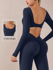 NcmRyu 1pc Women's Scoop Neck Hollow-Out Back Long Sleeve V-Neck Ruched Flare Leg Jumpsuit, Stretchy Sports Romper - Navy Blue - View 1
