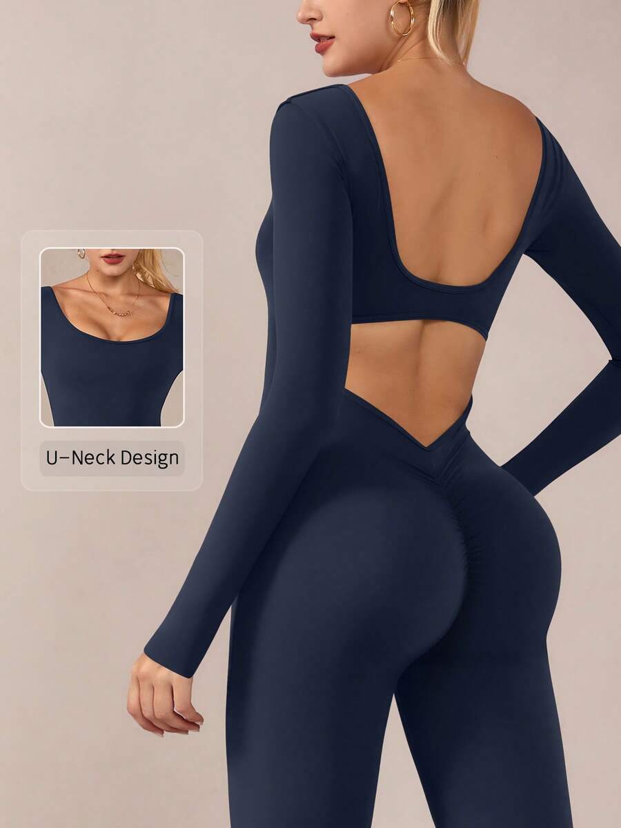 NcmRyu 1pc Women's Scoop Neck Hollow-Out Back Long Sleeve V-Neck Ruched Flare Leg Jumpsuit, Stretchy Sports Romper - Navy Blue - View 1