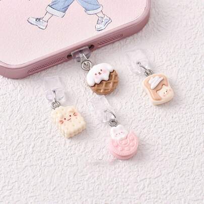 Tapón antipolvo de resina en forma de galleta de crema - Colgante de conejo rosa y perro de chocolate, diseño antioxidante y antipolvo, adecuado para tipo C/interfaz, accesorio creativo hecho a mano