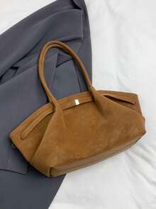 Dedoo 1pc FEISTURE Faux Suede Tote Bag, Large Capacity Solid Color Mature Elegant Women Handbag, Vintage Style Work Bag Suitable For Girls, Ladies, College Students, Office Workers, Newest Fashionable Suede Bag For Women, New Fall Fashion 2025 For Women - Brown - View 6