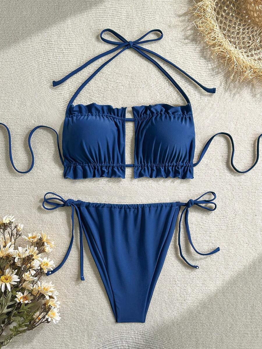 大码高弹力露背系带比基尼套装，优雅蓝色性感女士泳装