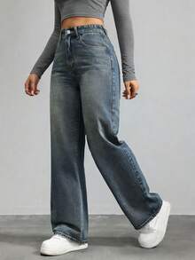 少女款蝴蝶刺绣水洗阔腿牛仔裤，日常穿着或上学皆宜 - 中等水洗藍 - 查看 4