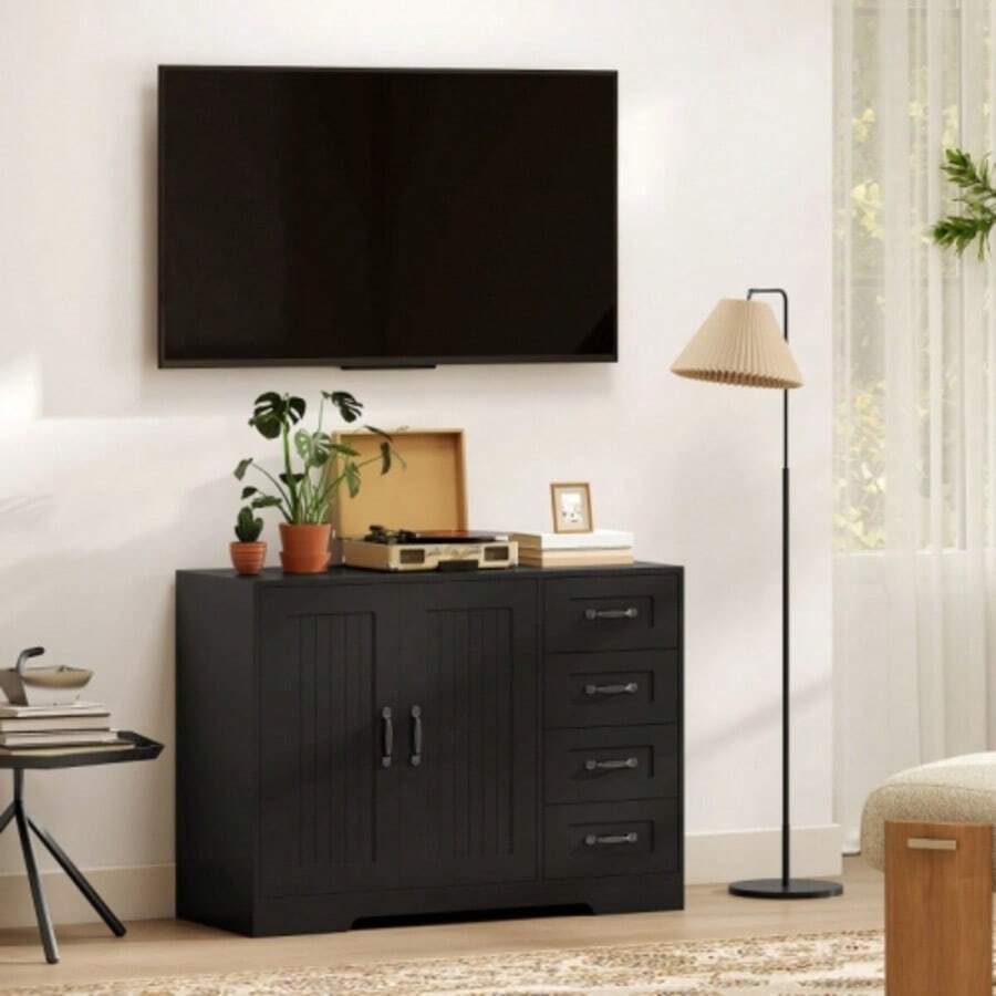Sideboard, Chest Of Drawers, Modern Style, 4 Drawers, 1 Cabinet, 105 X 40 X 76 Cm, Black. Home Delivery Available. - Black - View 1