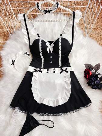 5pcs Women's Sexy Maid Costume Set, Includes Lace Trim Dress, Headband, Collar, Apron, Panties, Lingerie For Role Play