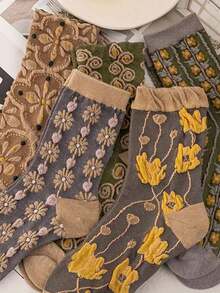5 Pairs Versatile Vintage 3D Floral Mid-Calf Socks, Autumn/Winter - Multicolor - View 4