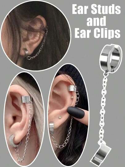 1 Pc Stainless Steel Earrings/Ear Clip Double Hoops Punk Silver Color Ear Bone Chain Titanium Steel Round Circle Hip Hop Decoration