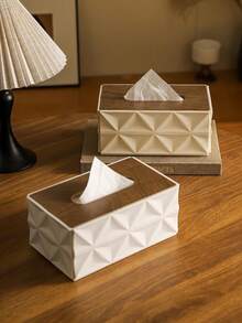 Bohemian Style Plum Blossom Pattern Covered Tissue Box - Multifunctional Napkin Paper Box, Wet Wipe Storage Box, And Garbage Bag Organizer, Plastic Rectangular With Wooden Lid Design, Suitable For Multi Scene Storage Of Decorative Hygiene Products Throughout The House - Multicolor - View 5