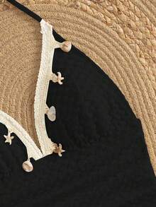 Áo tắm liền thân nữ màu đen mùa hè, kiểu dáng thường ngày, dây mảnh, đính hạt cườm, họa tiết vỏ sò, sao biển và tua rua, chất liệu vải đặc biệt, có bèo nhún (vị trí tua rua ngẫu nhiên). - màu đen - Xem 3