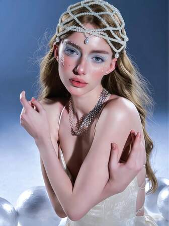 1件复古法式欧式珍珠面纱头饰，新娘异域风情婚礼串珠发饰，水滴吊坠头饰，梦幻发箍，适合婚礼摄影、角色扮演