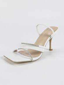 女士白色高跟鞋，方头细跟，水钻装饰，性感优雅，舒适的高跟凉鞋，适合夏季派对和晚宴 - 白色 - 查看 5