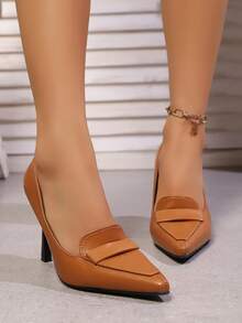 Fashionable Brown High Heel Slip-On Pointed Toe Elegant Pumps, Versatile Vintage Style Women Shoes For All Seasons - Brown - View 5