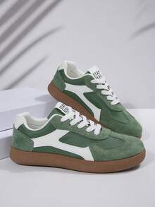 2026 INS Olive Green & White Color-Block Retro Trainer Sneakers With "STAY REAL" Letter Logo Suede & Leather Material Gum Sole Lightweight Comfortable For Daily Wear Shopping Commute New Year Valentine's Day Suitable For Women Young Ladies - Mint Green - View 3