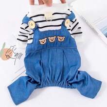 1pc Pet Suspender Pants, Cute Bear Print Casual Jumpsuit Suitable For Teddy, Poodle, Corgi - Blue and White - View 12