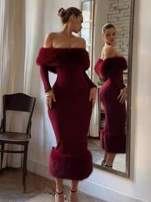 Vestido Longo Elegante com Drapeado em Cor Sólida, Adequado para Praia, Noite, Encontro, Festa - Vinho - Visão 1