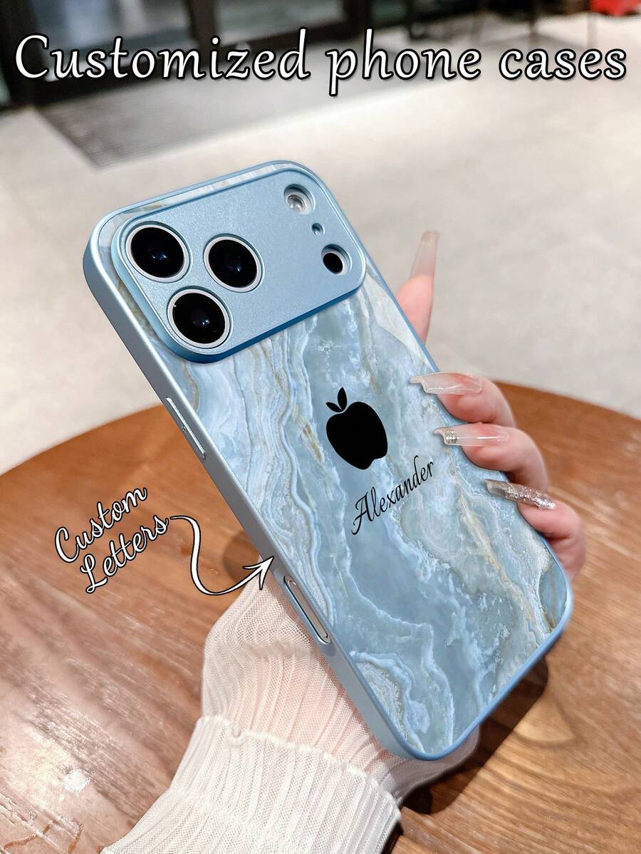 1pc Customized Name & Creative Blue Marble Apple Design Tempered Glass + TPU Soft Edge Phone Case, Compatible With Samsung S24 Ultra/S25 Ultra And Apple 17 Pro Max/16 Pro Max/15 Pro/14 Plus/13 Pro/12 Pro Max/11/Xs Max/8/7/6 Plus, Suitable As Birthday Gift, For Girlfriend/Boyfriend Or Personal Use