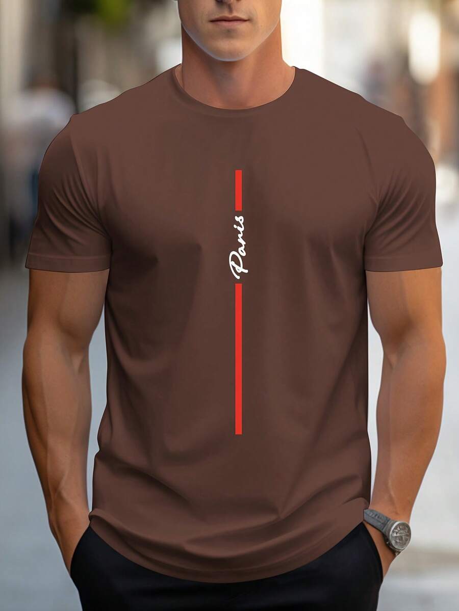 Men's T-Shirt With Handwritten Paris Print - Coffee Color - View 1