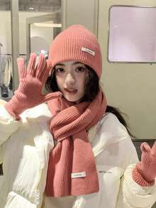 1 Set Solid Color Casual Acrylic Beanie, Scarf & Gloves 3 Pieces Set, Autumn/Winter Cold Weather Outfit Women Valentines Gift - Multicolor - View 12