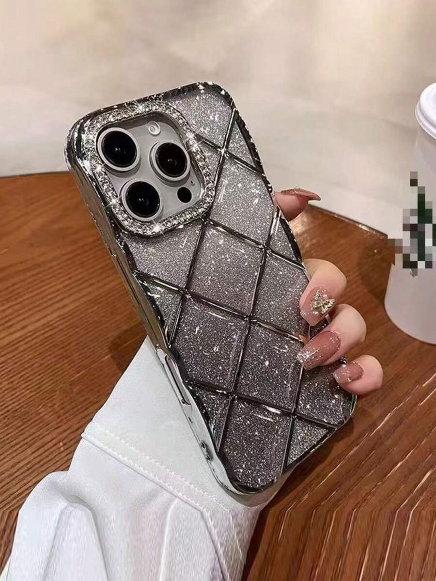 1pc Luxury Electroplated Rhinestone Silver Glitter Argyle Pattern Phone Case Compatible With IPhone 17/17 Air/17 Pro/17 Pro Max/16 Pro Max/16/16 Pro/16 Plus/15/15 Pro Max/15 Pro/11/12/13/14 Pro Max/11 Pro/11 Pro Max/12 Pro/12 Pro Max/13 Pro/13 Pro Max/14 Pro/14 Pro Max, Stylish & Creative - Silver - View 1
