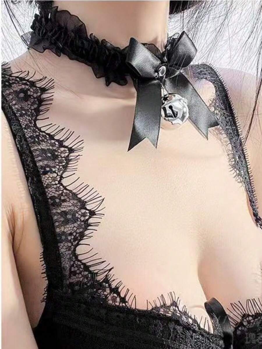 Dây chuyền choker phong cách Goth Lolita cho nữ | Dây chuyền ren đen kiểu chuông cổ chuông phong cách Y2K Harajuku Gothic Punk Streetwear | Trang sức - Nhiều màu - Xem 1