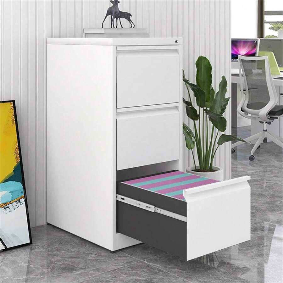 Archivador de 3 cajones con Cerradura, archivadores Verticales Resistentes para Oficina en casa, gabinete de Almacenamiento de Acero de Metal para Archivo de tamaño Legal, Requiere Montaje - Blanco - Ver 1