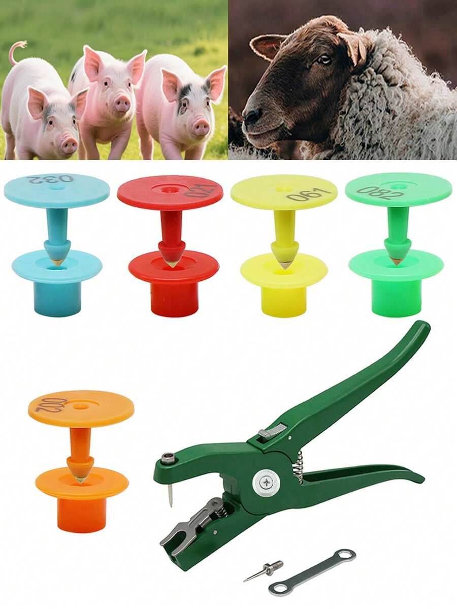 猪、山羊、绵羊、兔子耳标，带编号 001-100，激光打印铜头耳标，牲畜耳标钳，农场动物标记识别卡