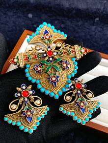 Bộ trâm cài và bông tai kiểu dáng cổ điển, làm thủ công, đính đá men dập nổi hình totem và giả ngọc lam, phù hợp cho phụ nữ mặc hàng ngày và dự tiệc. - Đầy màu sắc - Xem 9