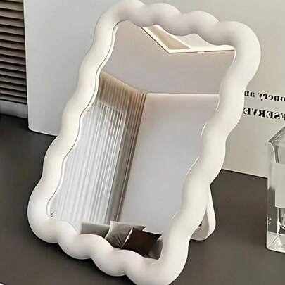 1个可爱化妆镜，奶油色波浪纹设计，桌面/壁挂式，学生宿舍、梳妆镜、办公室小镜子，化妆，价格实惠，房间装饰，梳妆台，旅行，卧室，化妆配件，镜子，梳妆镜，迷你镜，便携式镜子，小镜子，手持镜