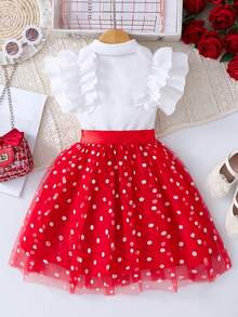 Girls Sleeveless Dress, Red & White Color Block Frill Trim Shirt Collar Mesh Skirt Cute Princess Dress, Summer - Red - View 2