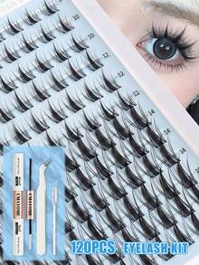 Christmas Gift New 120pcs/12 Pairs Cartoon Style False Eyelashes, Natural Makeup Effect, Fairy-Like Lashes, Suitable For Beginners, Individual Lashes, D-Curl Curly Lashes, Large Capacity Set, Beginner-Friendly False Eyelashes Tutorial, Thick & Fluffy DIY Segmented False Eyelash Extension Kit, Includes Glue, Sealer And Tweezers. - Black - View 6