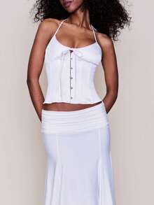 2026 Womens Chic Halter Neck Corset Top, Button Closure With Bow Accent, Casual Daily Outfit, Tops For Women - trắng - Xem 3