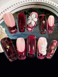 10pcs 3D Handmade Silk Flower Square Medium Nail Art, Red & Amber Color, Suitable For Women And Girls Daily Wear Nails Nail Supplies Handmade Press On Nails - 酒紅色 - 查看 2