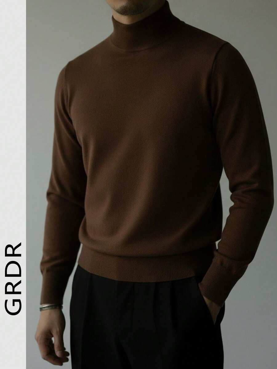 GRDR Men's Regular Fit Long Sleeve Mock Neck Sweater, Versatile For Daily Wear - Brown - View 1