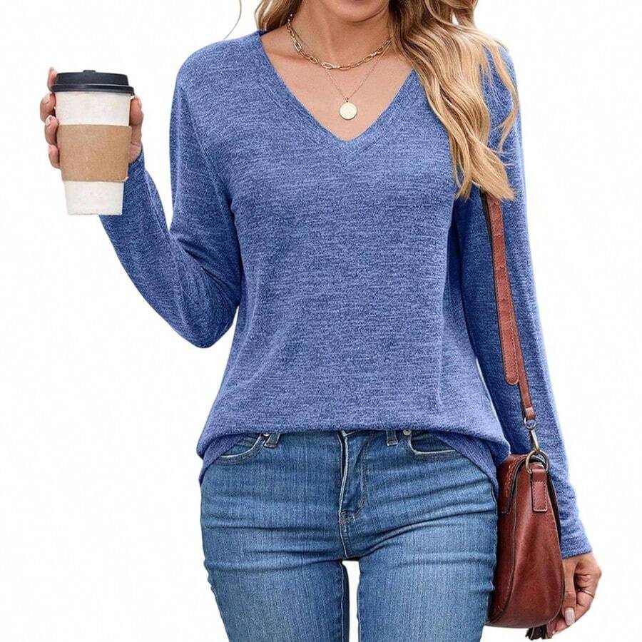 Camisetas de manga larga para mujer, color liso, casual, cuello en V, blusa ligera, holgada, da festivo, uso diario - CH + Azul - Ver 1