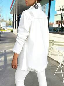 All White Distressed Denim Jacket For Women Casual Ripped Denim Shirt Basic Fall And Winter Denim Clothes - White - View 4