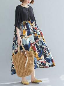 Đầm dự tiệc phối màu tương phản năm 2026, đầm dài dáng rộng phong cách Bohemian dành cho nữ, họa tiết trừu tượng, cổ tròn, tay cánh dơi ngắn, có túi, chất liệu vải dệt, dáng chữ A. - màu đen - Xem 2