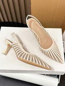 Xin Jing Shoes New Elegant Women High Heel Shoes, Casual Sexy Fashion Mesh Backless Commuting & Dating Mid Heel Pumps - Beige - View 10