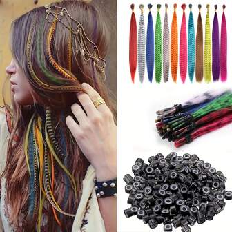 Feather Hair Extension Kit 16 In Hairpieces 60 Pcs Colored Hair Piece With 60 Pcs For Girl Women Red Orange Yellow Green Blue Purple 12 Mixed Colors Long Straight Synthetic Hair Feather For Women Daily Life Halloween Cosplay Party Use